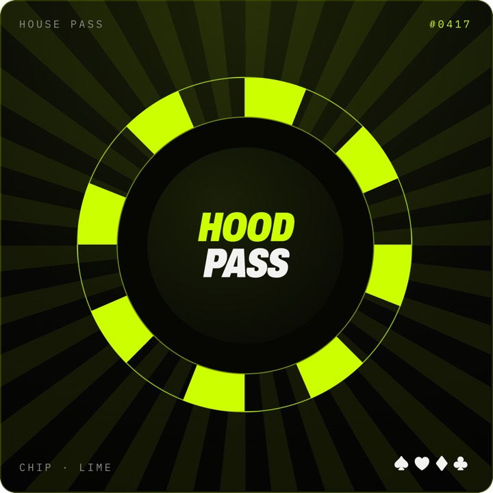 HoodPoker House Pass membership NFT — a lime poker chip on black